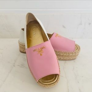 Prada Pink and White Leather Slip-on Espadrilles